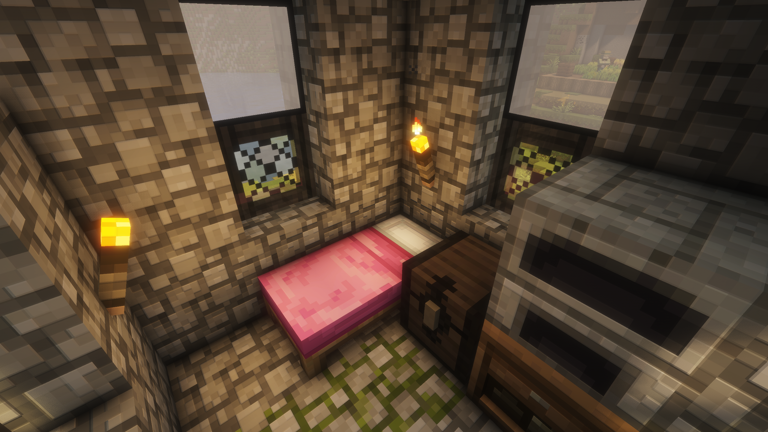 A second floor of a Minecraft Cleric church, furnished sparsley.